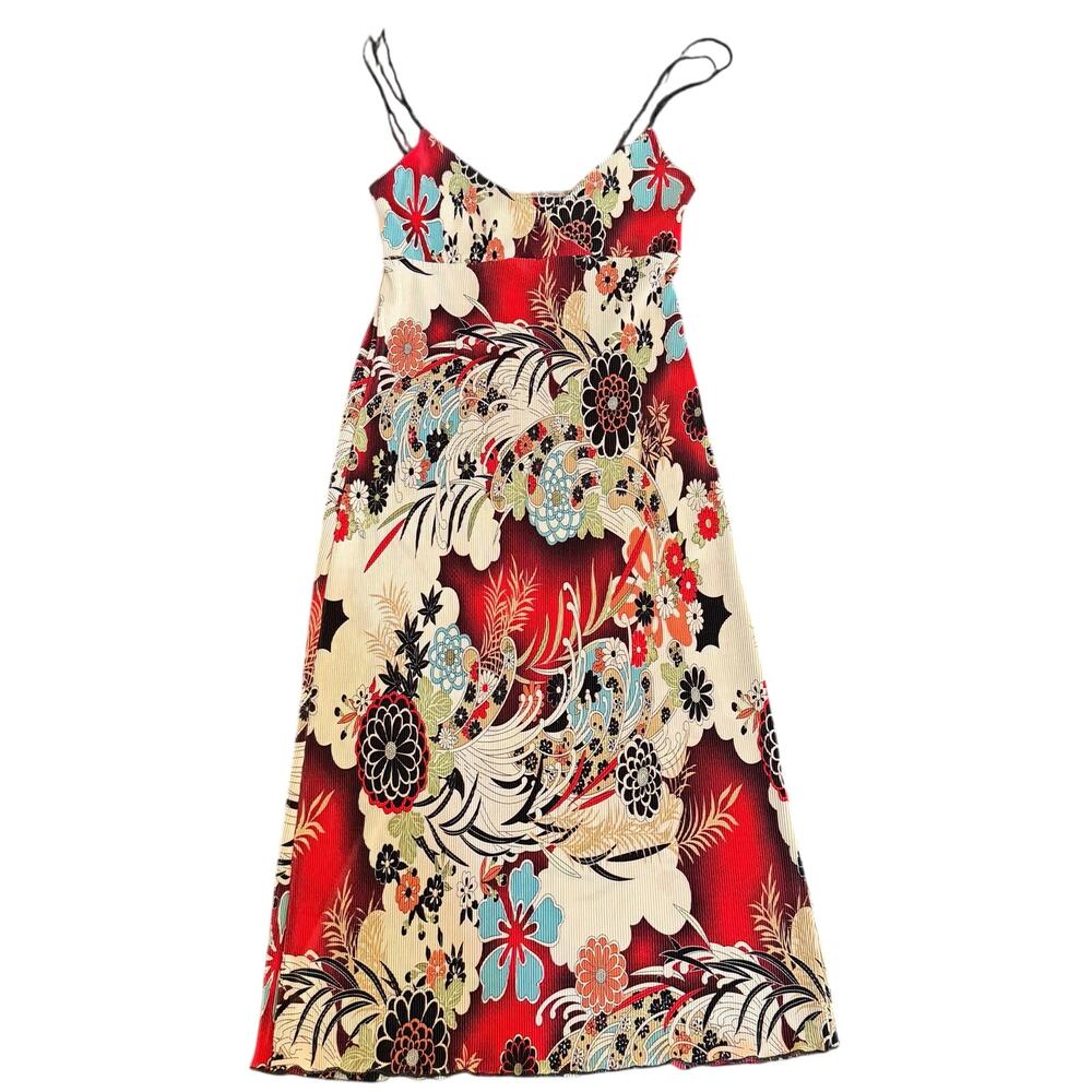 TJ Collection Vintage Y2K Geisha Floral Pleated Maxi Slip Dress Medium